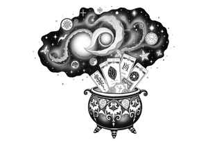 Milky way galaxy filled with zodiac symbols runes tarot cards coming out of a cauldron tattoo idea