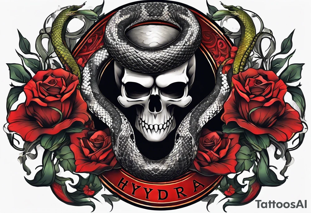 snake sleeve tattoo with skull, snake as focal point, with the word Hydra on it tattoo idea