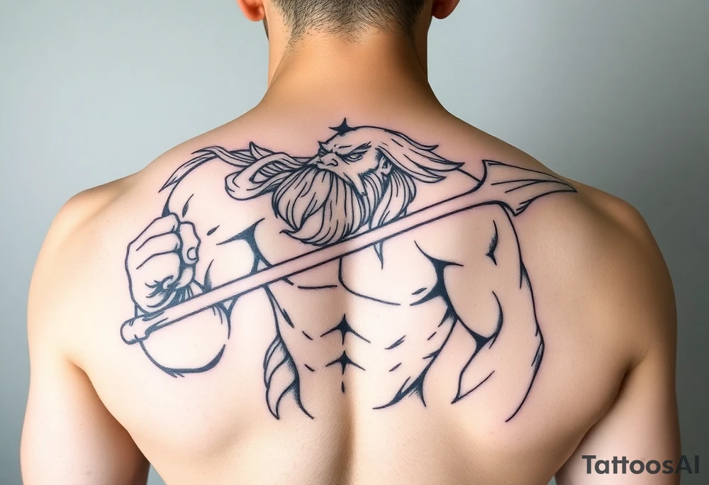 mid aged muscular poseidon with big trident tattoo idea