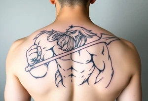 mid aged muscular poseidon with big trident tattoo idea