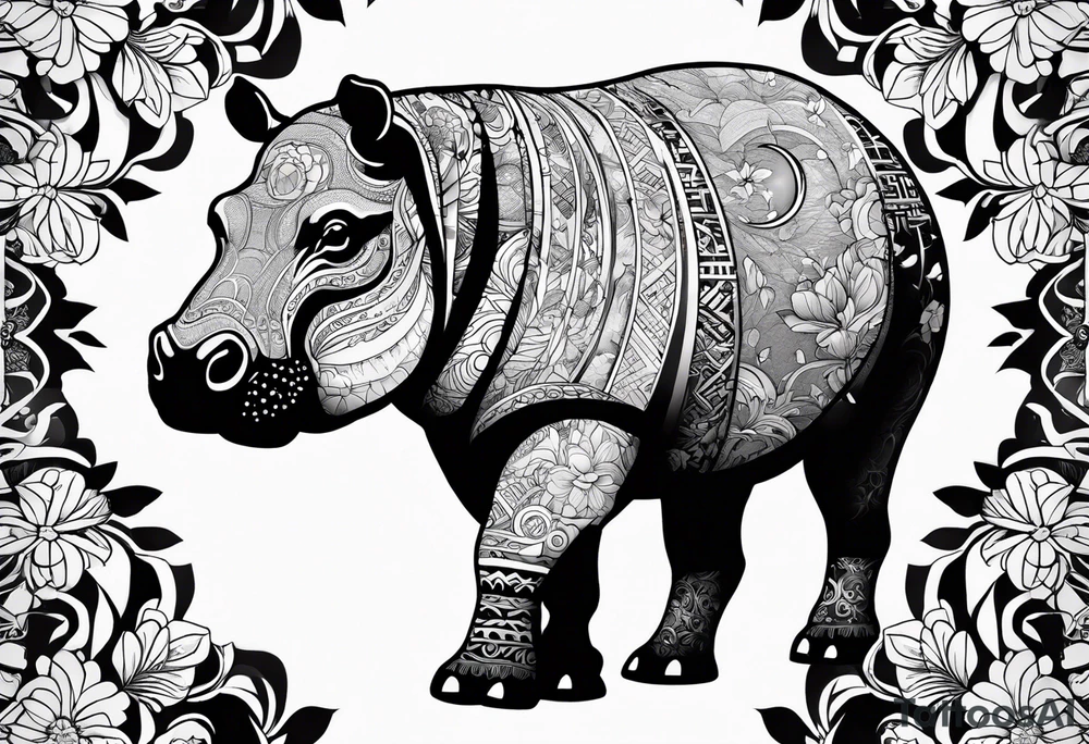 Hippo, flowers, moon, interstella,
Extreme fine lines, tribal, geometric, japanese tattoo idea