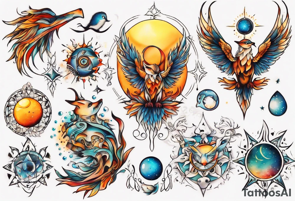 fisch, fuchs und eule , symetrie  sonne, universum, bunt, " sapere aude" tattoo idea