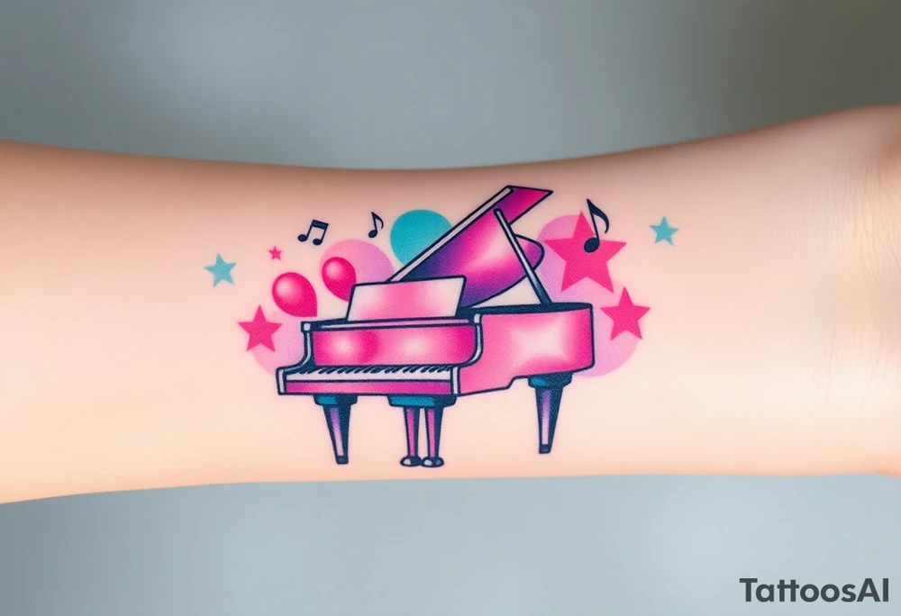 grand piano under stars and music notes pink,violet,teal color tattoo idea