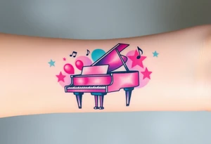 grand piano under stars and music notes pink,violet,teal color tattoo idea