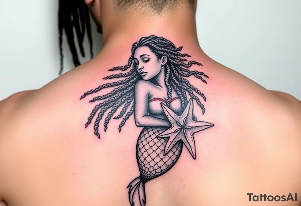 plus size black woman mermaid with locs holding a starfish tattoo idea
