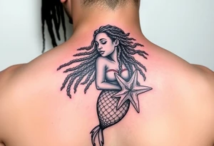 plus size black woman mermaid with locs holding a starfish tattoo idea