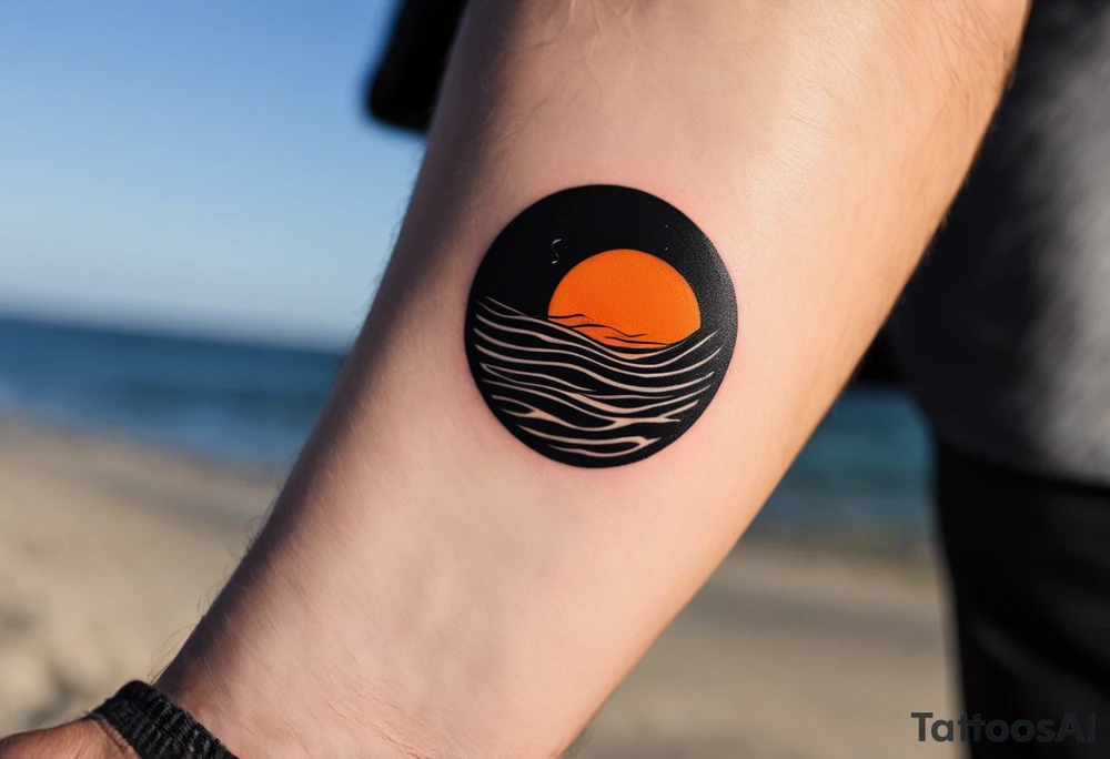 This is an extremely simple and minimalistic tattoo on male forearm. It is black and white with minuscule splashes of orange from the sun. The tattoo 4 inches wide by 2 inches tall. I is NOT a circle. From the perspective of being on the ocean, Water is calm, with no waves in sight, the sun is setting behind the ocean, reflecting light onto the ocean. tattoo idea