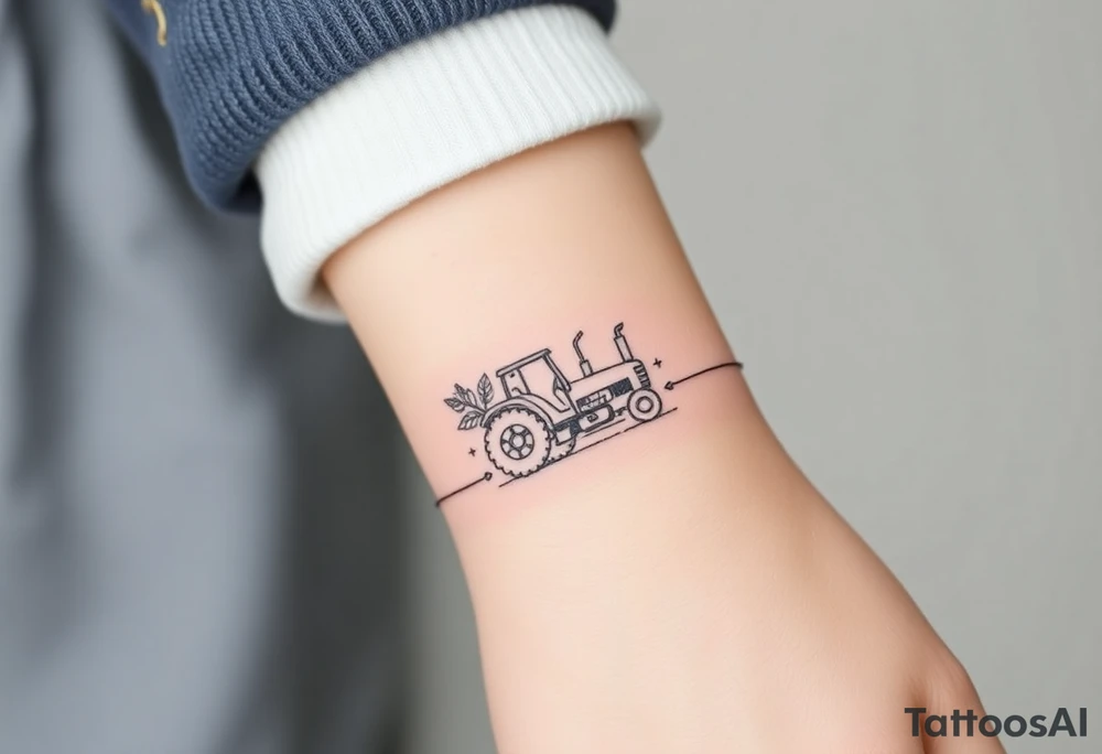 A bracelet that includes a very small tractor and bouquet flowers hippie style tattoo idea