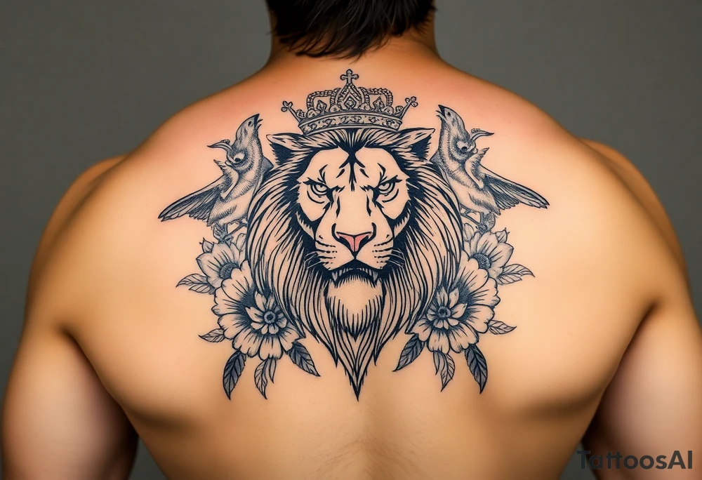 powerful majestic lion with a crown, surrounded by floral ornaments and birds tattoo idea