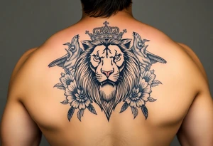 powerful majestic lion with a crown, surrounded by floral ornaments and birds tattoo idea