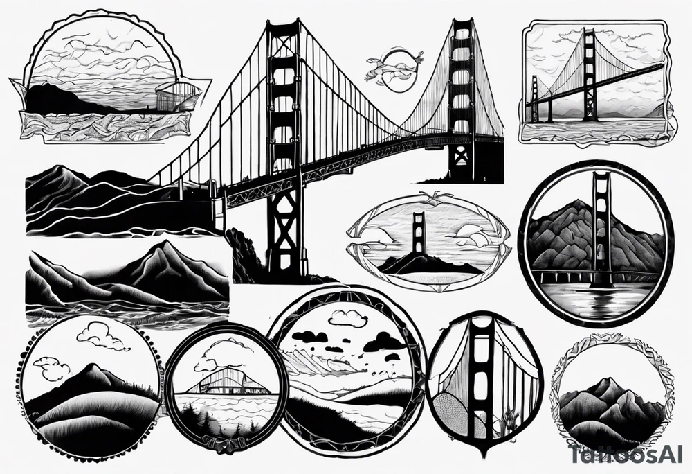 Golden Gate Bridge with fog rolling in with Marin hills in the background tattoo idea