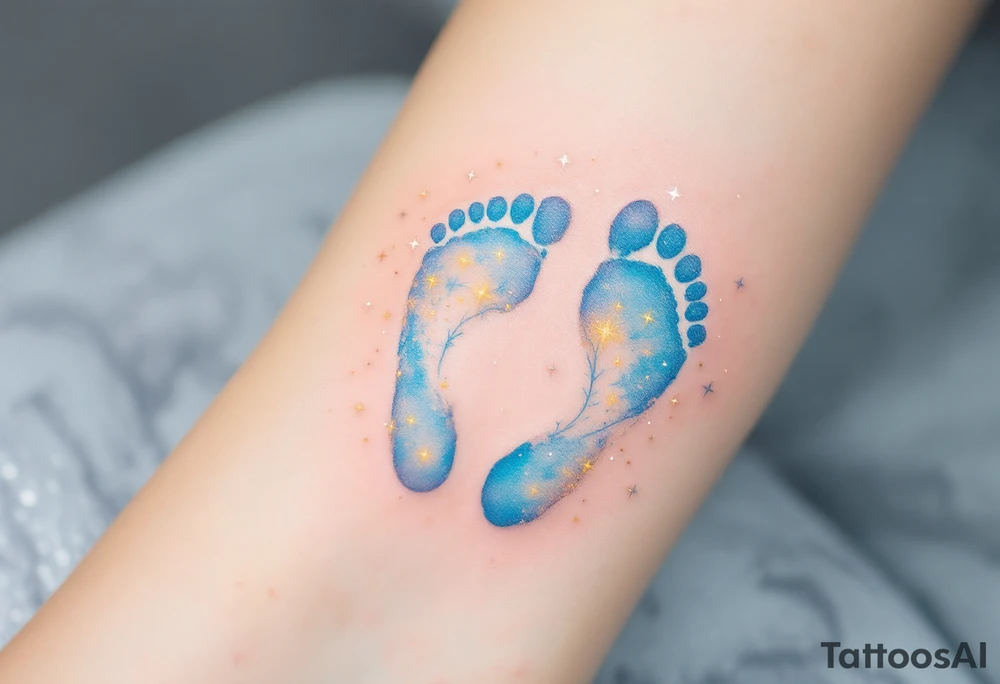 Pale blue and soft yellow footprints of Jana, surrounded by tiny sparkles to highlight her sparkling personality. tattoo idea