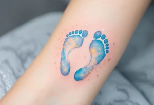 Pale blue and soft yellow footprints of Jana, surrounded by tiny sparkles to highlight her sparkling personality. tattoo idea