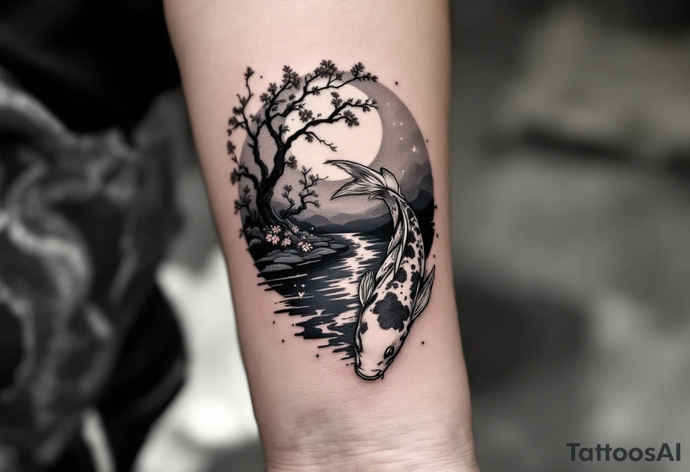 a koi fish swimming upstream in a pond moonlight by the full moon with a sakura tree by the pond tattoo idea