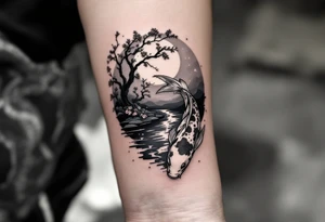 a koi fish swimming upstream in a pond moonlight by the full moon with a sakura tree by the pond tattoo idea