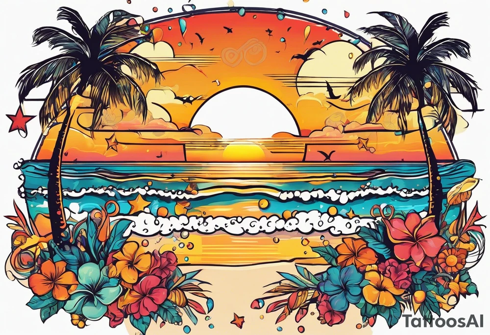 1970'S BEACH PARTY 
party, include confetti, music notes, 
, bikinis sunset in the center tattoo idea