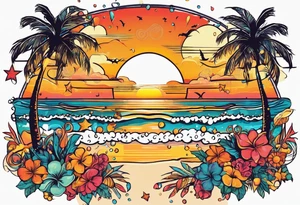 1970'S BEACH PARTY 
party, include confetti, music notes, 
, bikinis sunset in the center tattoo idea