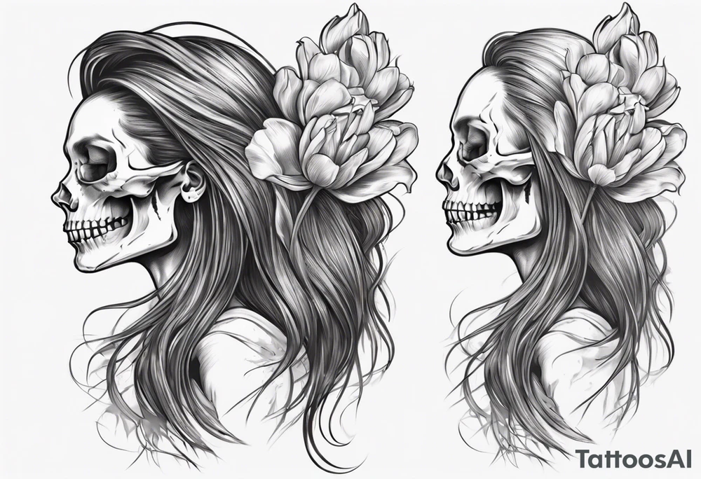 sideview of smiling female skull with long hair, one decayed tulip, one perfect tulip and one tulip bud tattoo idea
