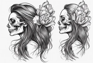 sideview of smiling female skull with long hair, one decayed tulip, one perfect tulip and one tulip bud tattoo idea