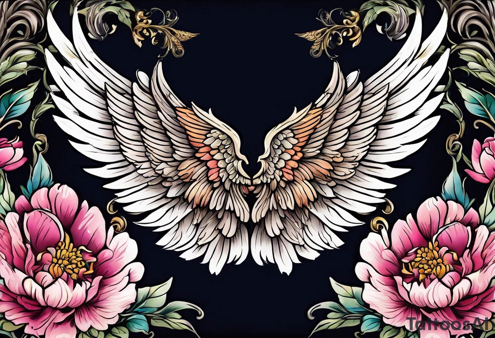beautiful angel wings with colorful, peonies. beautiful flilligree in the background , full color, traditional old school , white background tattoo idea