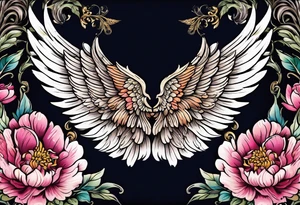 beautiful angel wings with colorful, peonies. beautiful flilligree in the background , full color, traditional old school , white background tattoo idea