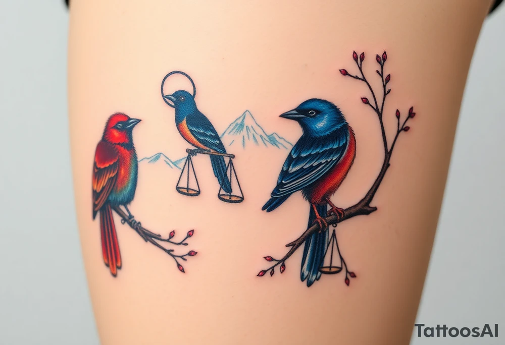 2 birds as the focus, 1 red bird in a suit, 1 navy blue bird with glasses, scales of justice in a tree, starry night painting and mountain background tattoo idea