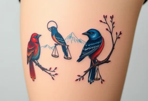 2 birds as the focus, 1 red bird in a suit, 1 navy blue bird with glasses, scales of justice in a tree, starry night painting and mountain background tattoo idea