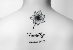 fine-line narcissus flower on my inner wrist, with the stem flowing down into the word Family in soft cursive, and Joshua 24:15 in tiny clean text underneath. photo of it tattoo idea