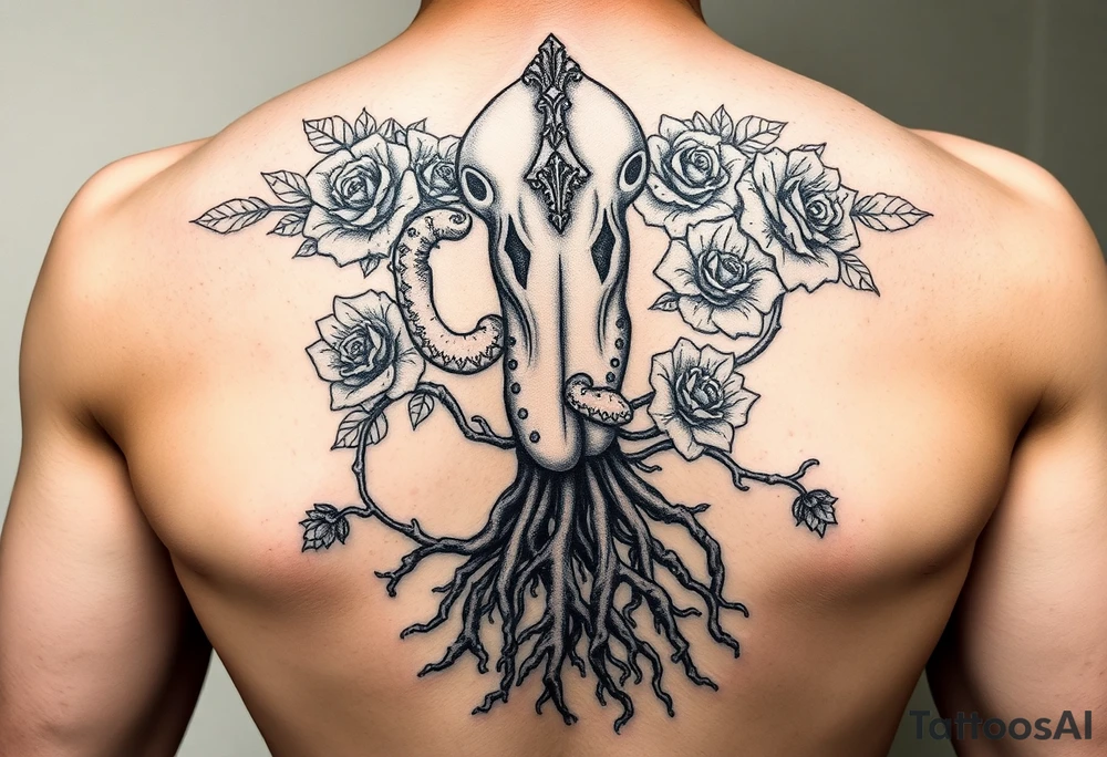 Gods hand, squid knight with roses and tree roots tattoo idea
