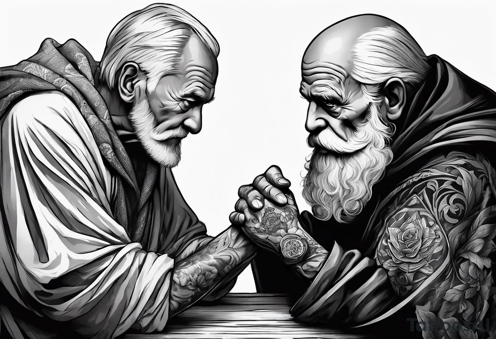 old man in cloak arm wrestling with a skeleton tattoo idea