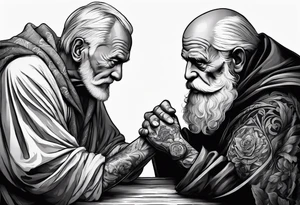 old man in cloak arm wrestling with a skeleton tattoo idea