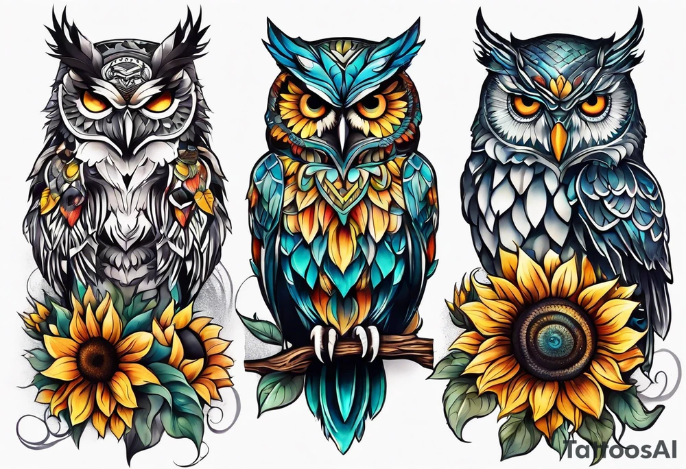 Leg sleeve with colorful sunflowers and an owl tattoo idea
