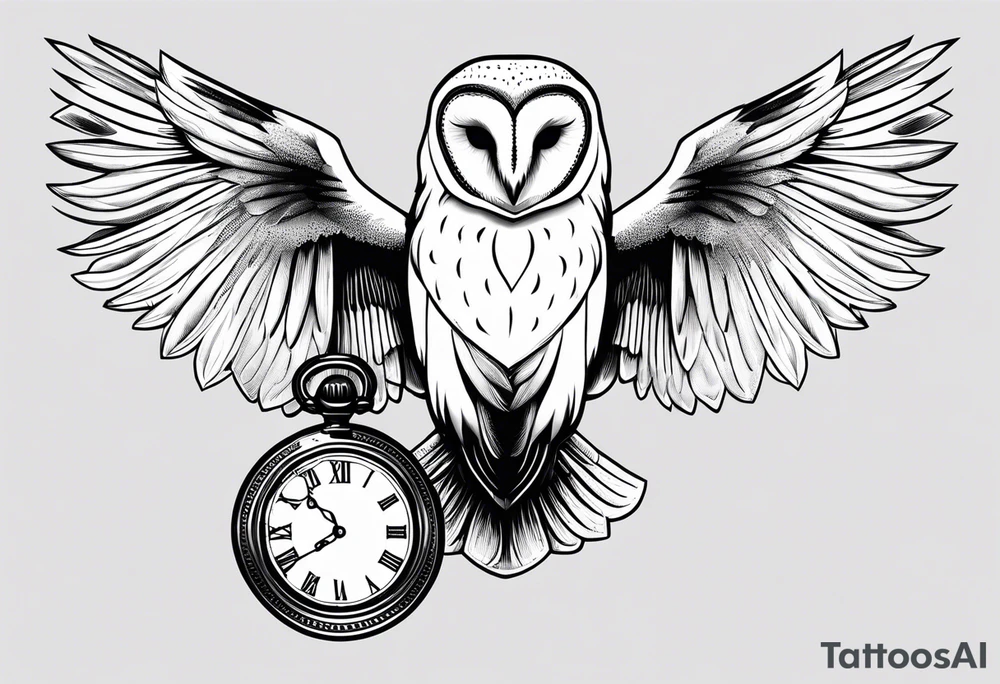 Barn owl holding a pocket watch with the time set at 1:43 tattoo idea