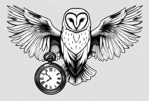 Barn owl holding a pocket watch with the time set at 1:43 tattoo idea