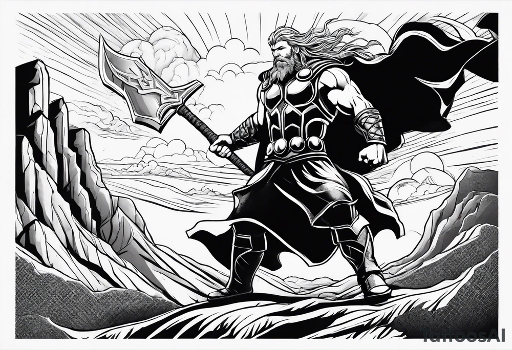 thor in a desert with warriors figthing Zeus in the clouds with lightnings tattoo idea