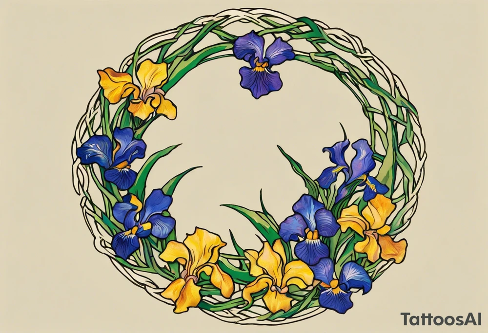 Create a small colorful Vincent van Gogh Irises tattoo in the form of a crescent, with vines or Celtic knots gracefully intertwining at a central point in the middle of the wreath.  In the middle of the wreath are mountains and other items found in New Mexico. Ensure that the design avoids the appearance of a bush and maintains a more structured and deliberate arrangement. The intended placement is on the upper chest. The overall design should be small in size while maintaining a delicate and artistic aesthetic. Pay attention to the graceful flow of the vines and the placement of the irises to achieve a refined and elegant look. tattoo idea