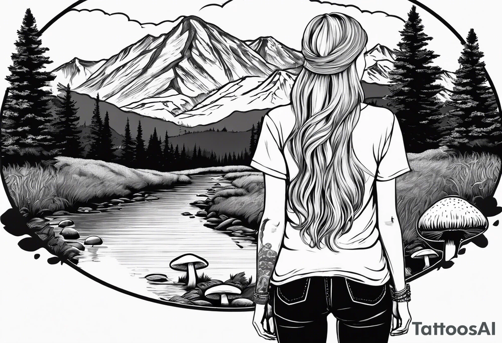 Whole picture encircled fully

Straight long blonde hair hippie girl in distance holding mushrooms in hand facing away toward mountains and creek surrounded by mushrooms tee shirt and hiking pants; whole rendering within a full circle, no cut off circle tattoo idea