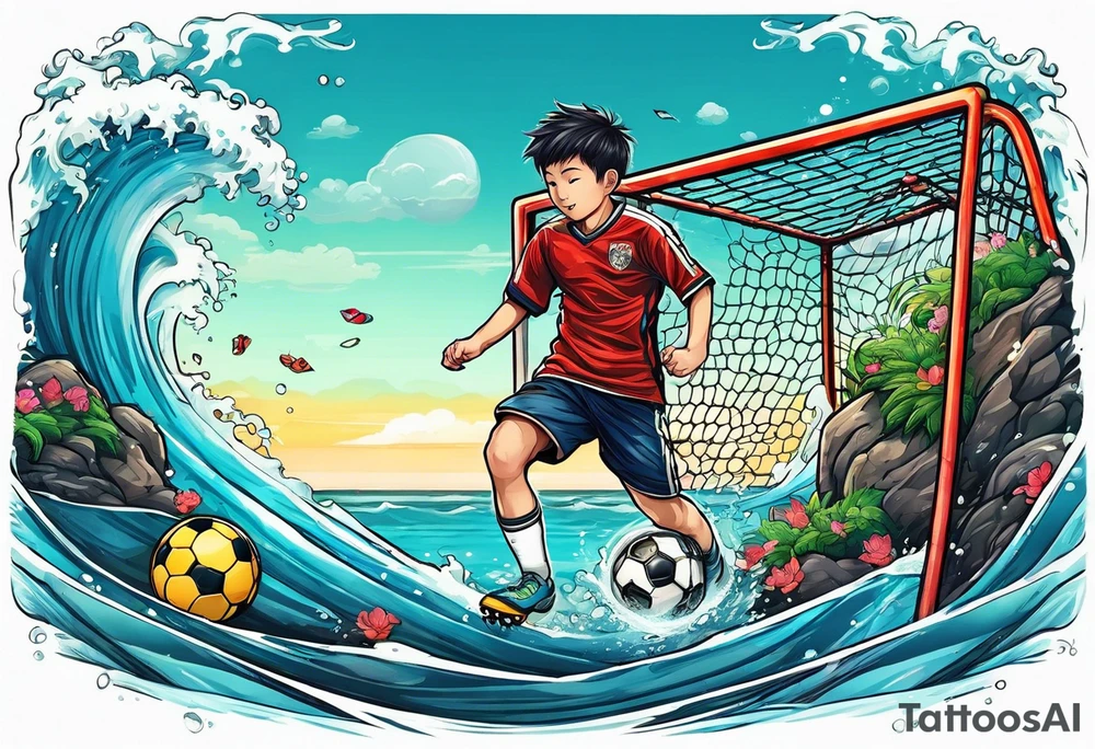 kid playing soccer in ocean with goal post tattoo idea