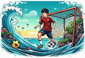 kid playing soccer in ocean with goal post tattoo idea