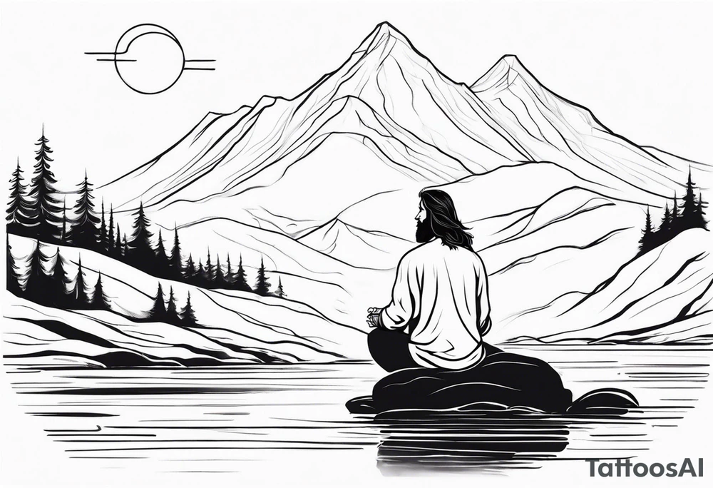 a meditating long haired man by the mountain river tattoo idea