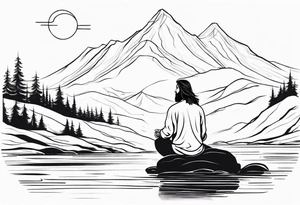 a meditating long haired man by the mountain river tattoo idea