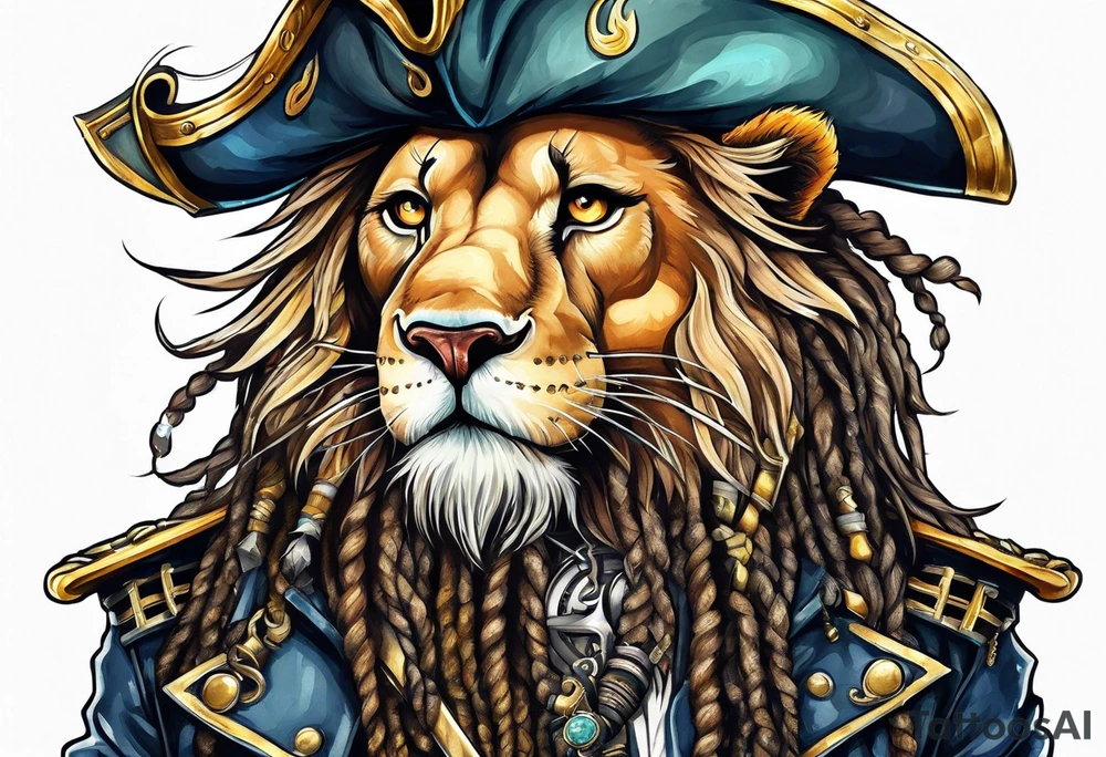 Pirate lion wearing jacket, sword and pistol, nautical steampunk theme. dreadlocks. tattoo idea