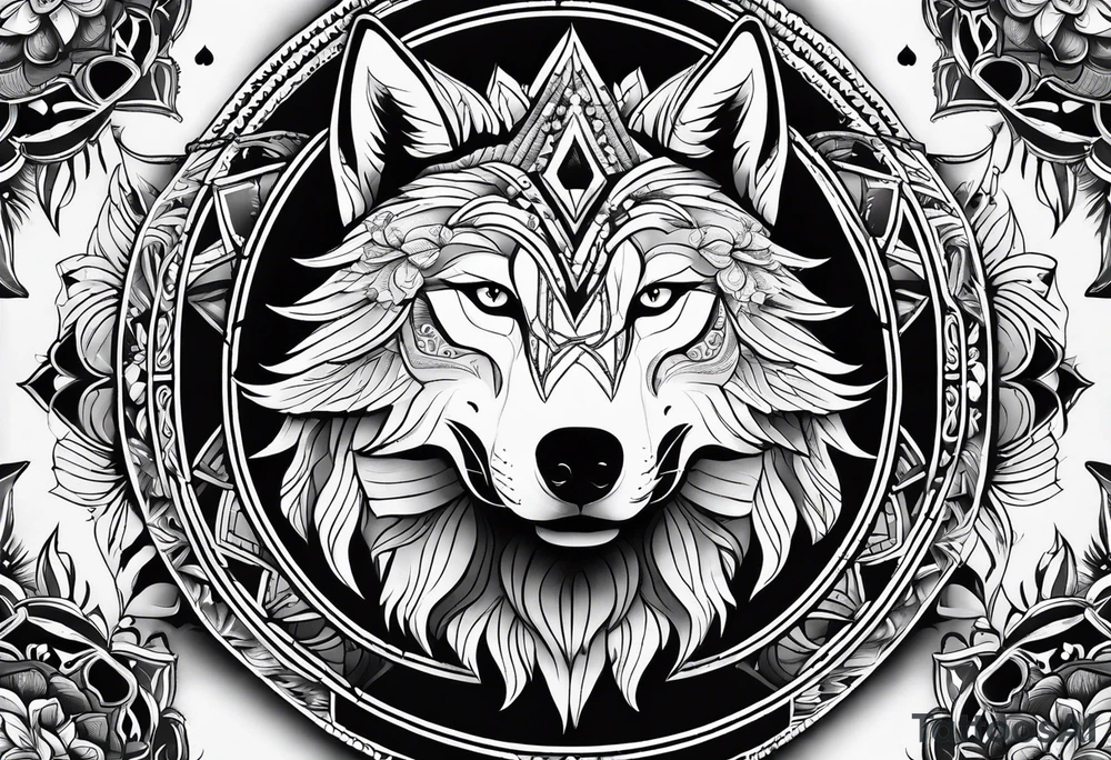 Mandala theme design with joker cards and wolves for forearms tattoo idea