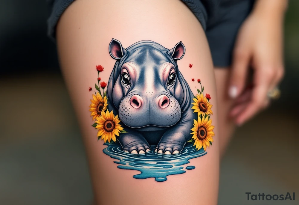 Cute hippo with sunflowers, red carnations, and water tattoo idea