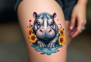 Cute hippo with sunflowers, red carnations, and water tattoo idea