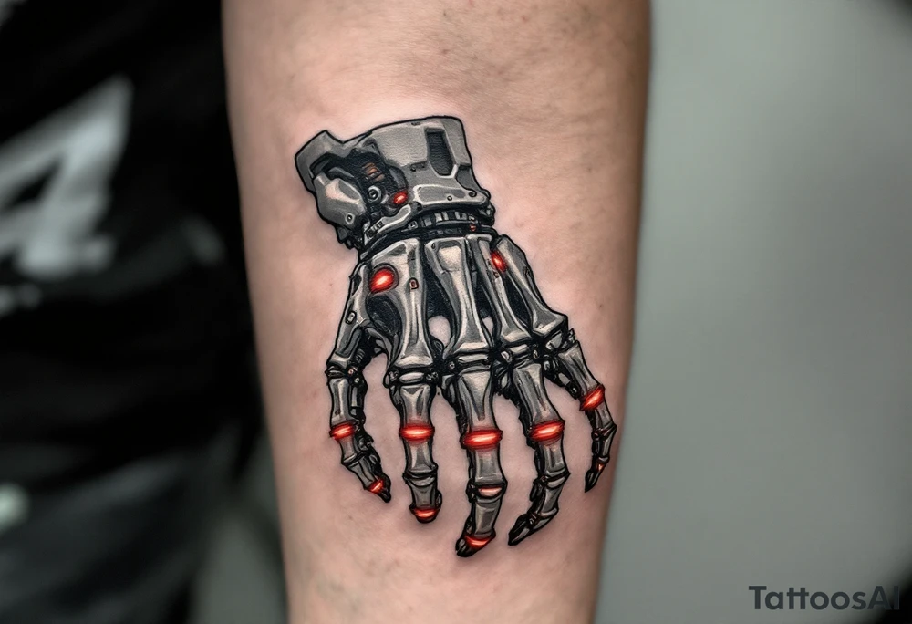 A skeletal robotic hand with bone-like mechanical segments in matte gray, accented by red heat signatures at each joint. tattoo idea