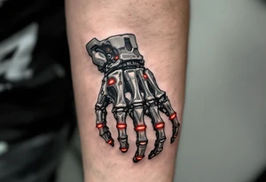 A skeletal robotic hand with bone-like mechanical segments in matte gray, accented by red heat signatures at each joint. tattoo idea