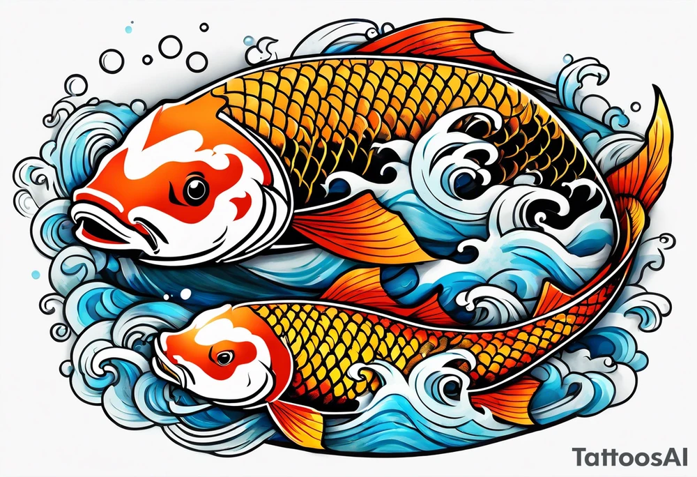 Koi fish with some Japanese symbols meaning love or peace and a Japanese style mask or helmet with sword tattoo idea