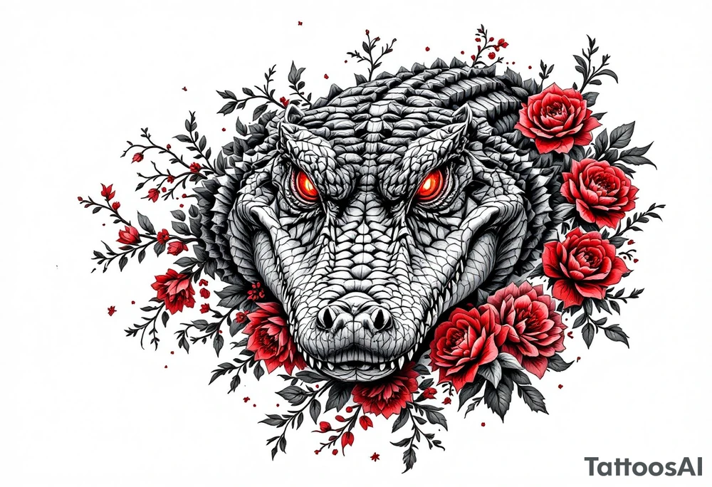 powerful and full aligator with red eyes, surrounded by red floral ornaments tattoo idea