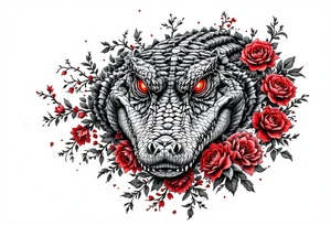 powerful and full aligator with red eyes, surrounded by red floral ornaments tattoo idea